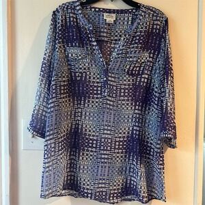 Ariat Women's Blue Geometric 3/4 Sleeve V-Neck‎ Tunic Blouse Size L